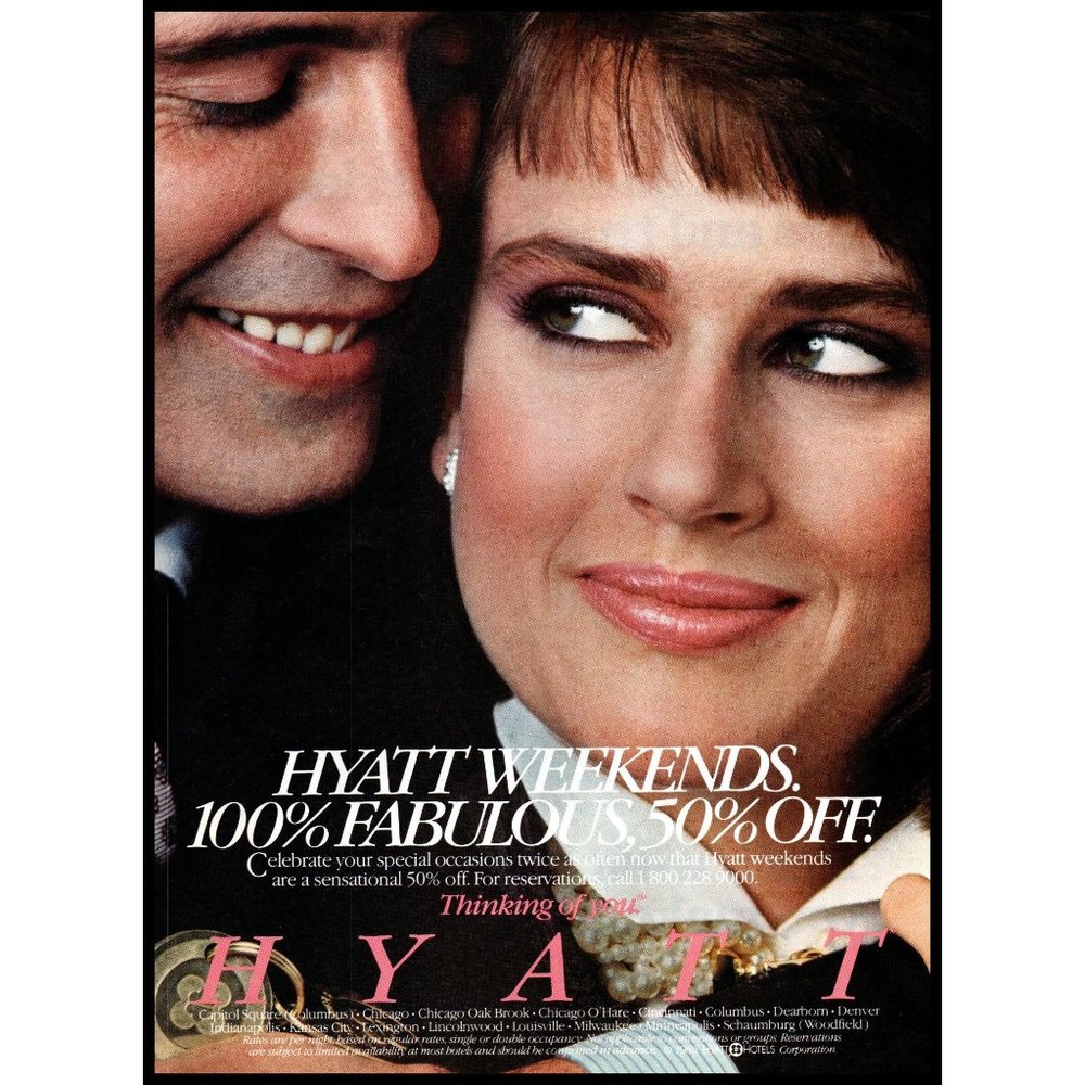 1986 Hyatt Hotels Vintage Print Ad Romantic Weekend Couple Regency Hotel Photo